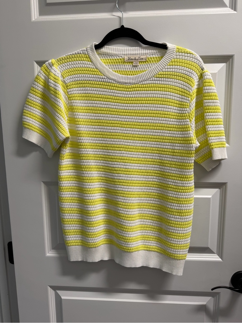 Vine & Love White and Yellow Striped Knit Short Sleeve Top